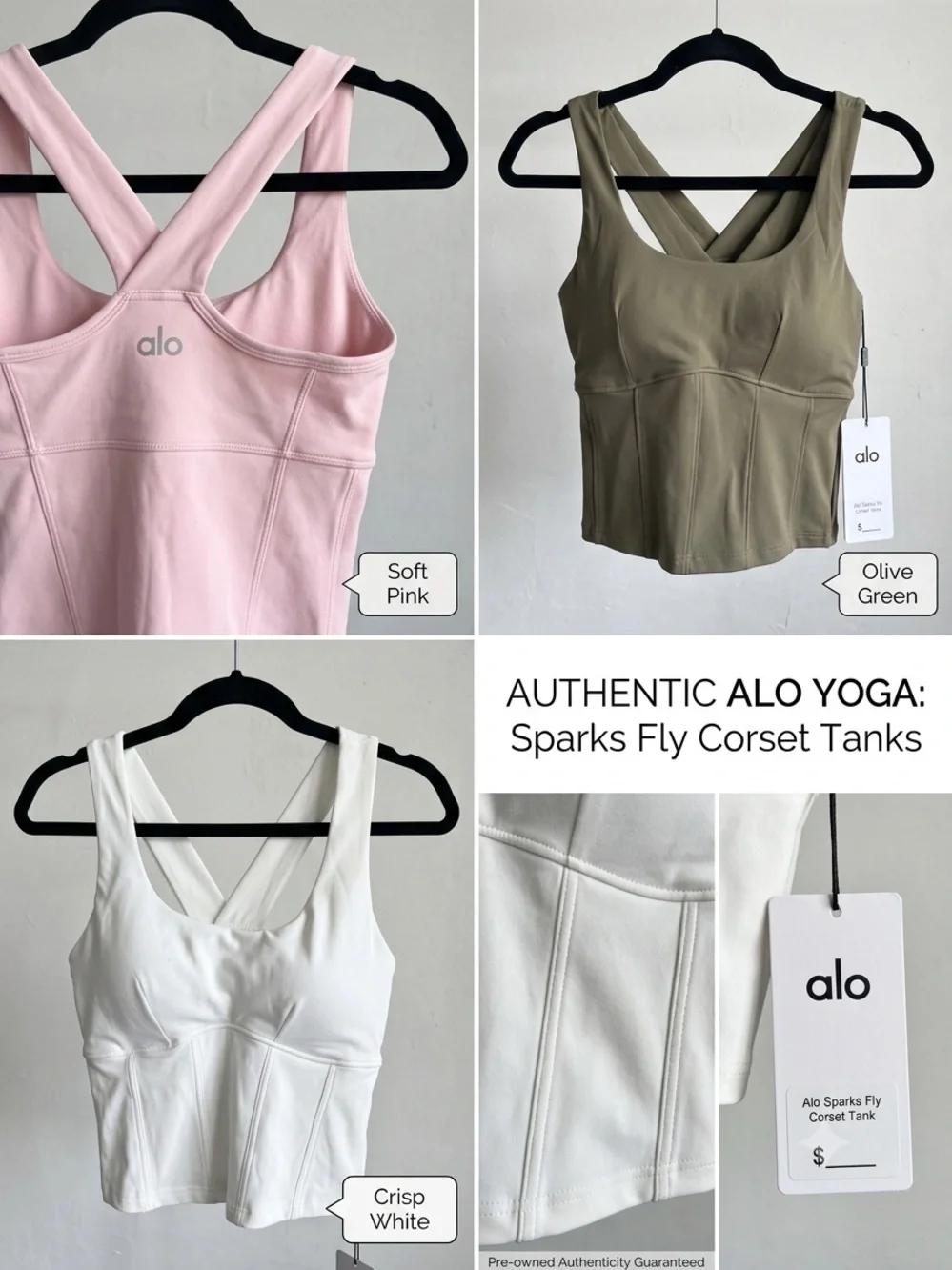 Alo yoga Sparks Fly Corset Tank vintage Pink / Olive Green / Crisp White nwt